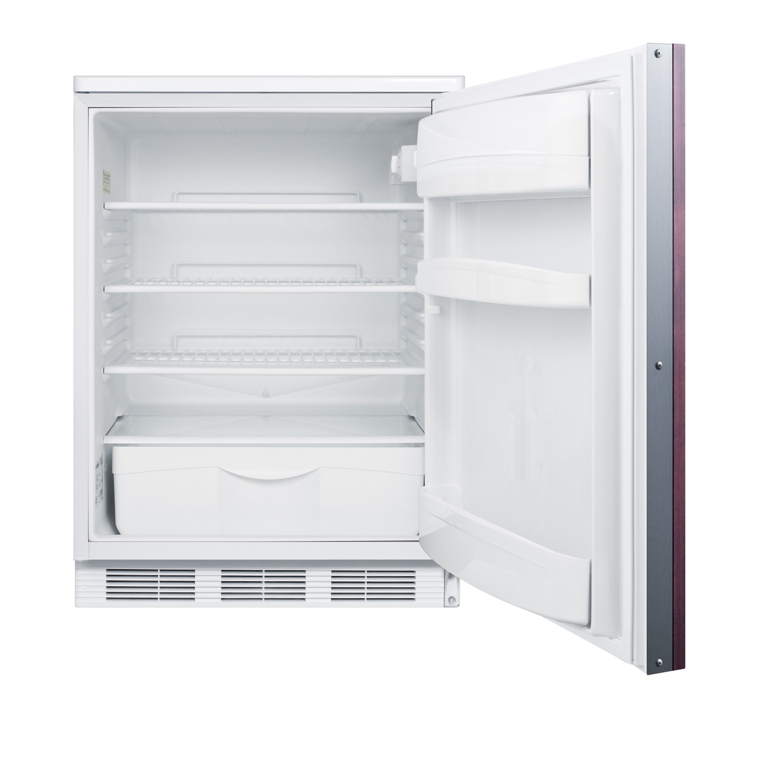 Commercially approved built-in undercounter all-refrigerator with auto defrost, deluxe interior, and front lock; capable of accepting full overlay panels